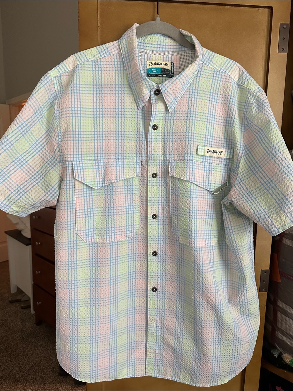Magellan Outdoors Men’s Short Sleeve Plaid Shirt - Pastel Blue/Green/Peach